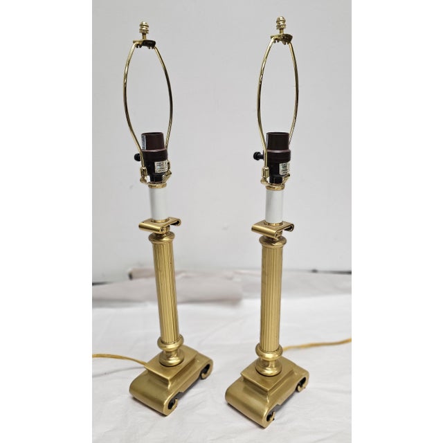Late 20th Century Pair Late 20th Century Column Form Art Deco Style Brass Candlestick Table Lamps For Sale - Image 5 of 10
