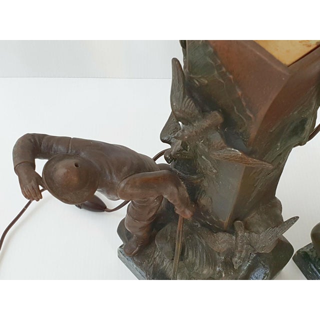 Art Deco Metal and Marble Fisherman's Lamps, 1940s, Set of 2 For Sale - Image 9 of 11