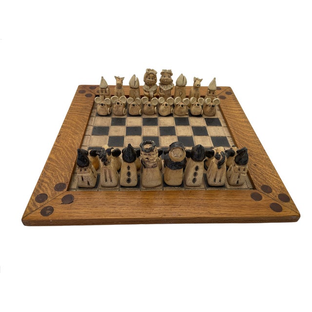 Late 20th Century Figural Animal Terracotta Chess Set With Oak-Framed Board For Sale - Image 5 of 18