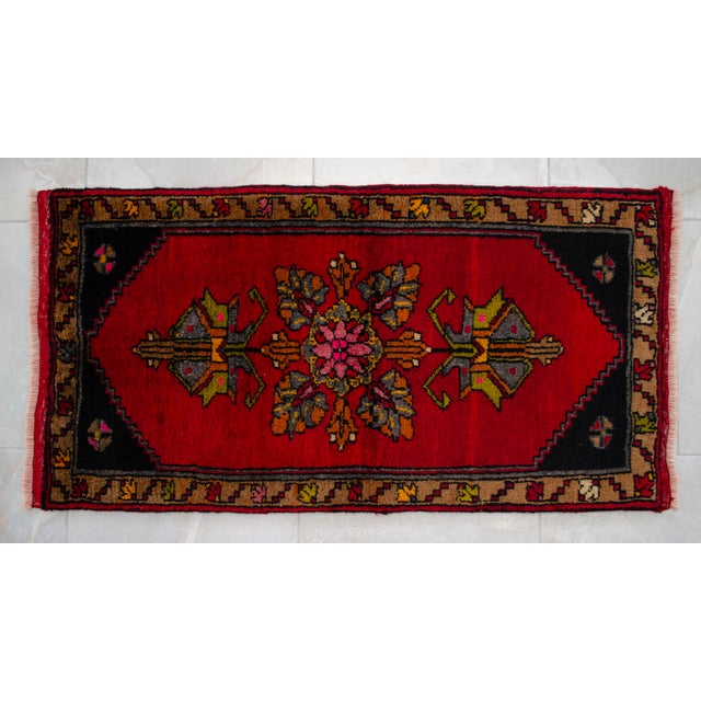 Textile Hand Knotted Small Turkish Rug. Organic Wool 1960's Entryway Decor DoorMat, Accent Rug - 22'' X 42'' For Sale - Image 7 of 12