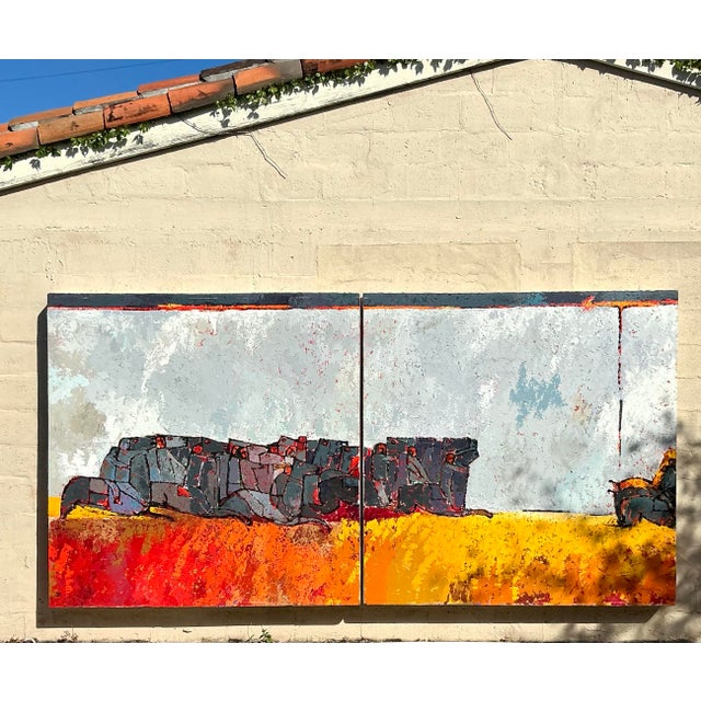 Wood Vintage Boho Monumental Horse Diptych on Canvas For Sale - Image 7 of 12