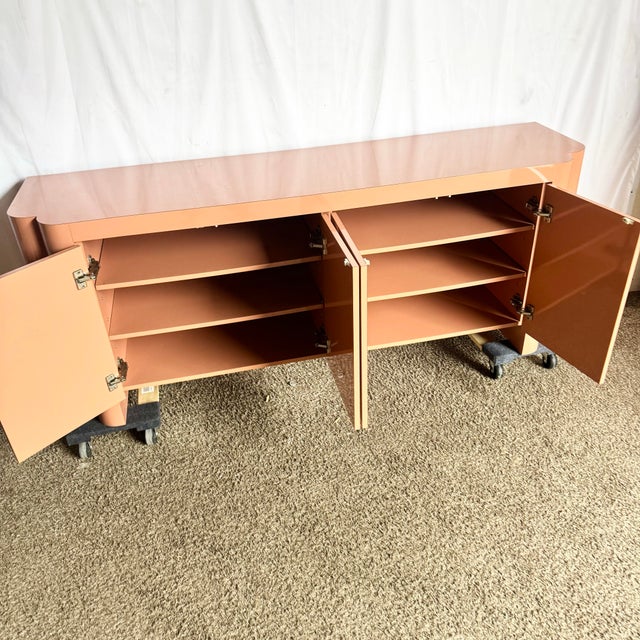 Salmon Postmodern Salmon Pink Lacquer Laminate Sculpted Credenza For Sale - Image 8 of 9