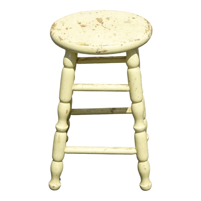 Vintage French Country Farmhouse Chic Yellow Rustic Stool For Sale