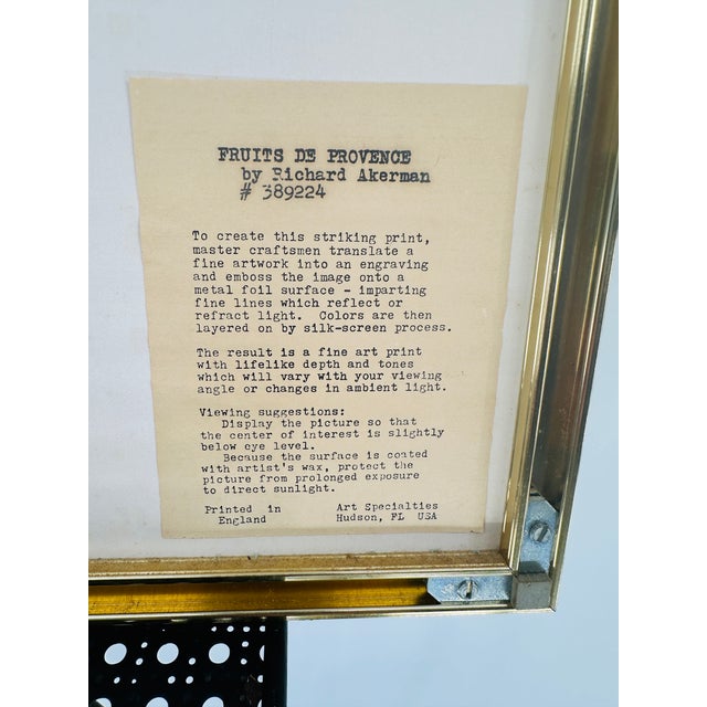 Vintage Richard Akerman Dufex Foil Print "Fruits De Provence" | Excellent Condition, Gold Metal Frame | Shimmering Mediterranean Wall Art For Sale - Image 13 of 14