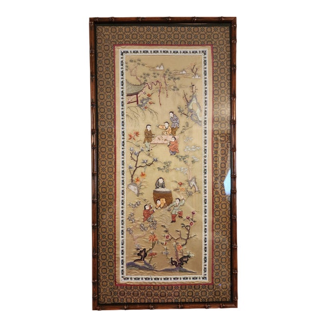 20th Century Chinese Republic Embroidered Framed Antique Silk Tapestry For Sale