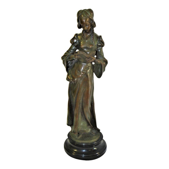 1990s Art Nouveau Bronze Lady Marble Base 'The book Lady' For Sale