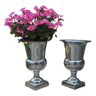 Pair of Large Pedestal Urn Lamps Polished Aluminum Made in India For Sale