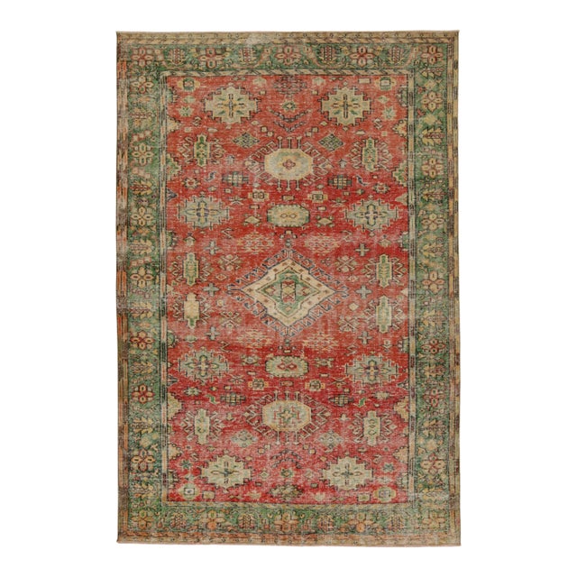 Vintage Distressed Rug in Red With Green and Beige Medallions, by Rug & Kilim For Sale