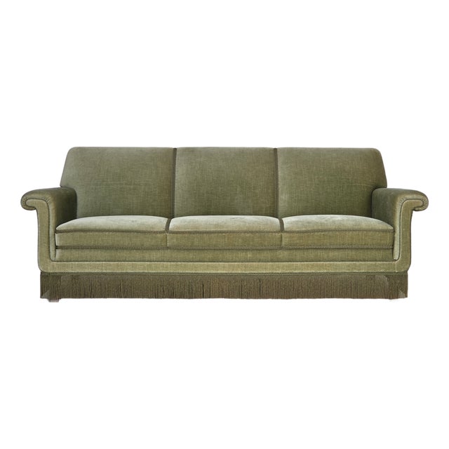 Danish 3-Seater Sofa in Green Velour and Beech, 1970s For Sale