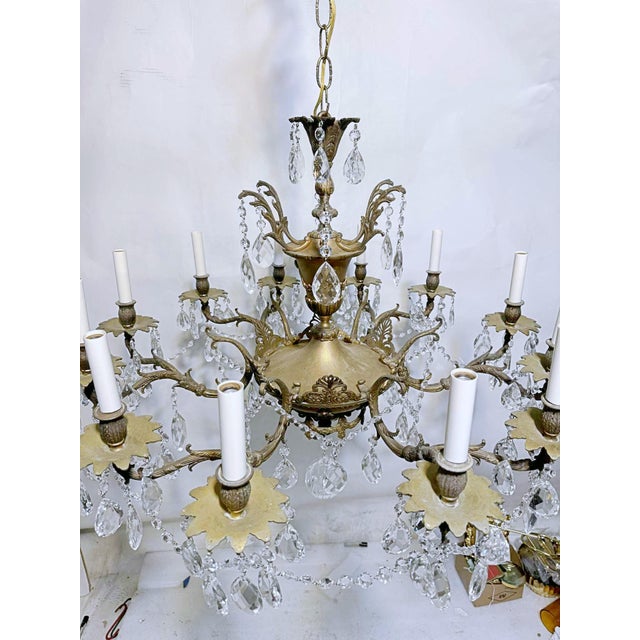 1920's Ornate Bronze Chandelier With Crystal Pendant For Sale - Image 10 of 11