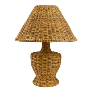 Vintage 1970s Large Natural Wicker Table Lamp With Wicker Shade For Sale