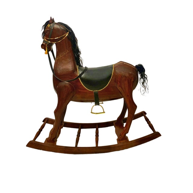 Folk Art Vintage Large Heavy Wooden Rocking Horse With Brass Leather and Hair Accent For Sale - Image 3 of 8
