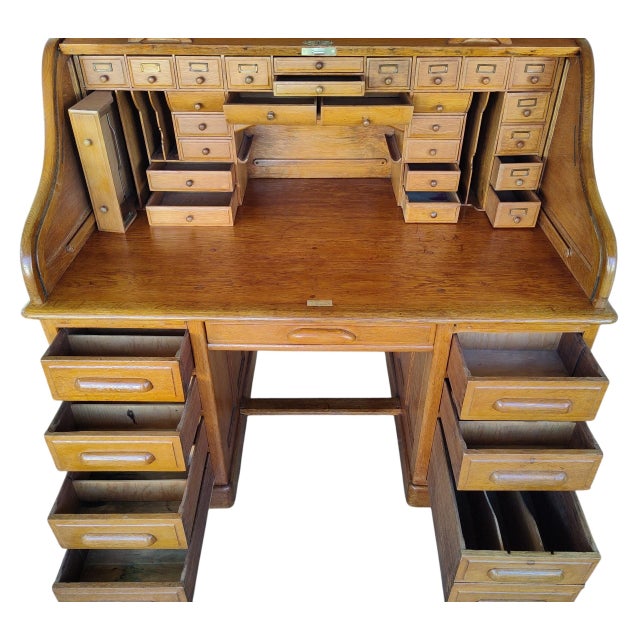 1890's Edwardian Oak Roll Top Desk For Sale - Image 15 of 18