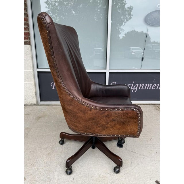 Wood Hooker Furniture Executive Swivel Tilt Chair With Leather and Cowhide For Sale - Image 7 of 18