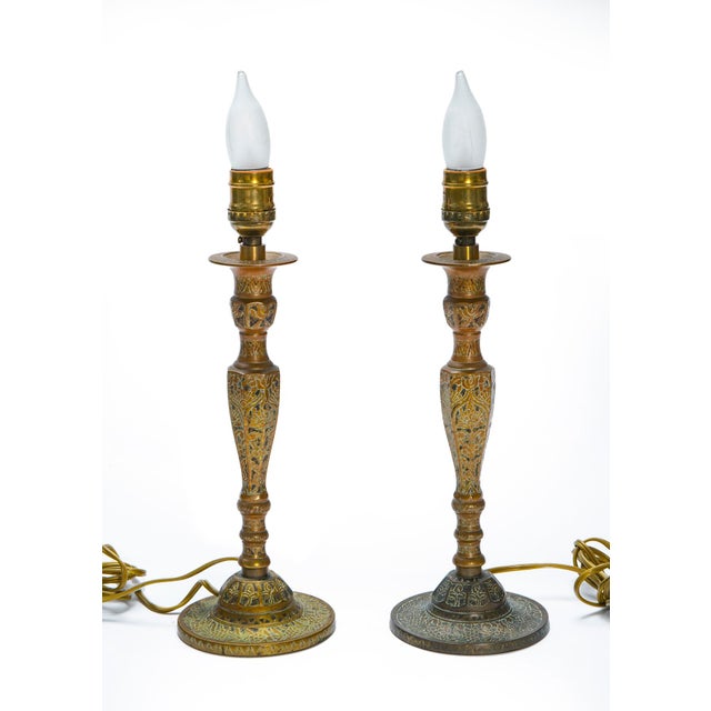 Brass Early 20th Century Etched Brass Candlestick Lamps - a Pair For Sale - Image 8 of 12