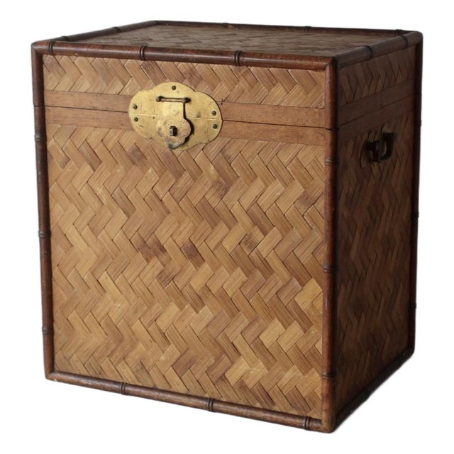Vintage Bamboo Woven Rattan Storage Chest Trunk Brass Hardware Details Lockable Mid-Century For Sale