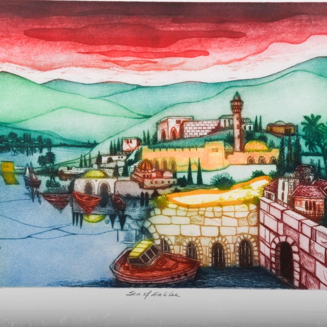 Modern Framed Signed Amram Ebgi "Sea of Galilee" Colored Etching Artist's Proof For Sale - Image 3 of 11