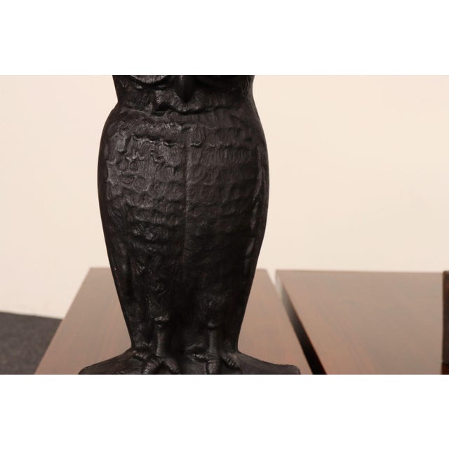 Vintage Cast Iron Perched Owl Andirons With Blue Green Glass Eyes For Sale - Image 15 of 18