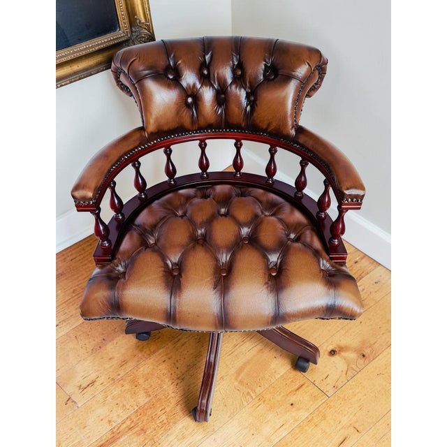 Antique Style Chesterfield Swivel and Tilt Captain's Chair in Brown Buttoned Leather, 1990s For Sale - Image 4 of 18