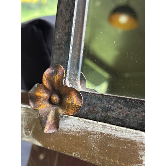 1900 - 1909 Art Nouveau French Style Cast Iron Wall Mirror With Applied Brass Rosettes & Beveled Etched Glass For Sale - Image 5 of 12