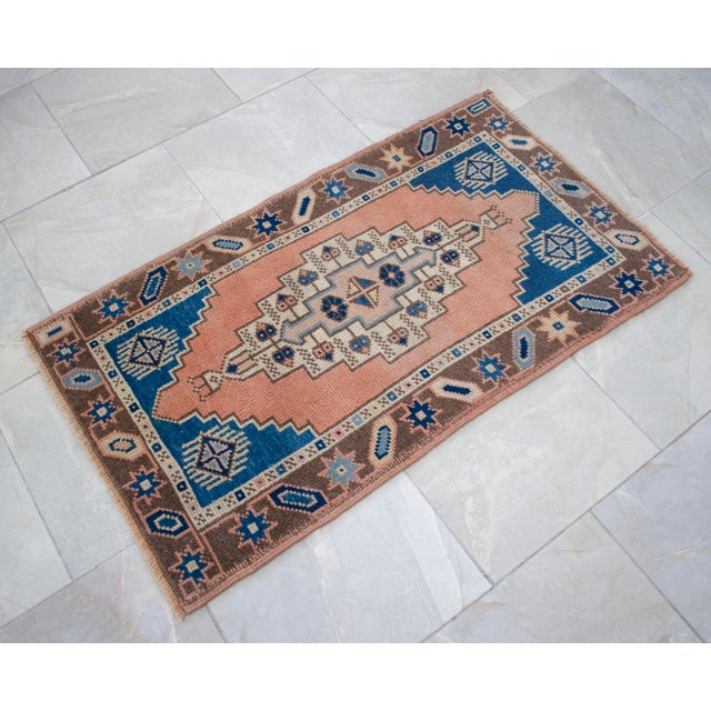 Front of Kitchen Sink Rug Hand Made Small Turkish Rug Bath Mat Faded Mini Rugs 2'2" X 3'10" For Sale - Image 12 of 14