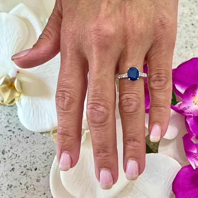 Traditional Natural Sapphire Diamond Ring 14k W Gold 3 TCW Certified For Sale - Image 3 of 10