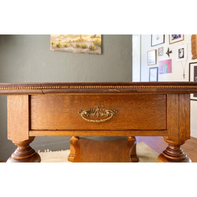 19th Century Tiger Oak Library Table With Two Drawers and Bead Moulding For Sale - Image 15 of 18