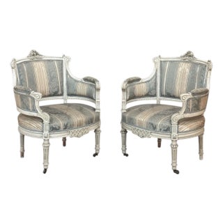 Pair of Louis XVI Painted Bergères ~ Paris For Sale