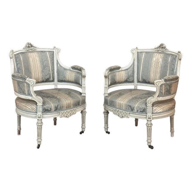 Pair of Louis XVI Painted Bergères ~ Paris For Sale
