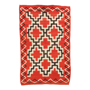 Navajo Rug C 1920, Handmade Native American Textile, 4'7" x 7'2" Red Geometric