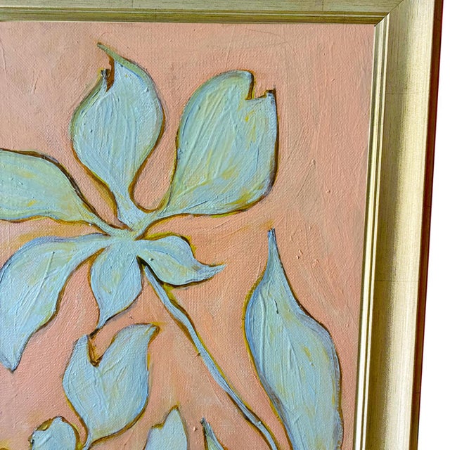 Original Framed Flower Painting, Mint Peach Wall Art, Oil on Canvas in Gold Frame, 15x19 Minimalist Boho Home Decor For Sale - Image 4 of 4