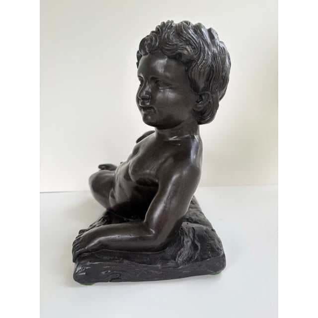 Vintage Bronze Finish Reclining Cherub Sculpture on Textured Base For Sale - Image 4 of 7