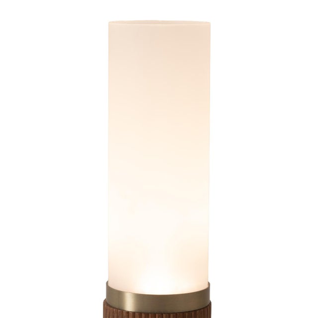 Tambo Cylindro 18" Petite Accent Table Lamp - Dark Walnut, Weathered Brass, Frosted Acrylic, Dimmer Switch For Sale In Los Angeles - Image 6 of 8