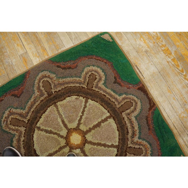 Textile 1930s Green Medallion Antique American Hooked Rug 3'4" X 3'6" Knotted Wool Carpet For Sale - Image 7 of 11