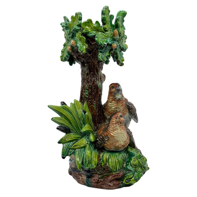 Hugo Lonitz Majolica Table Jardinière Stand With Partridges, Oak Tree, Ca. 1880 For Sale - Image 6 of 13