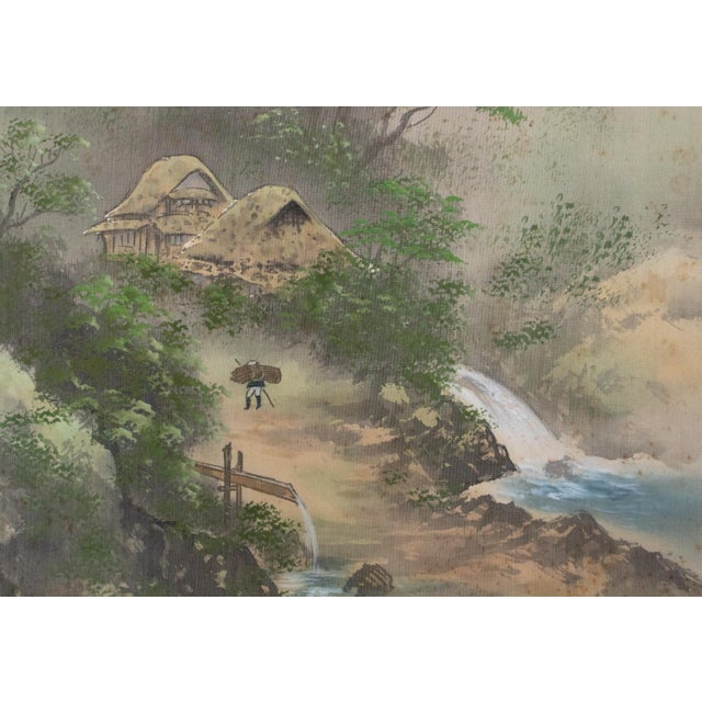 "Landscape With Waterfall", Showa Japanese Silk Scroll Painting For Sale - Image 13 of 18