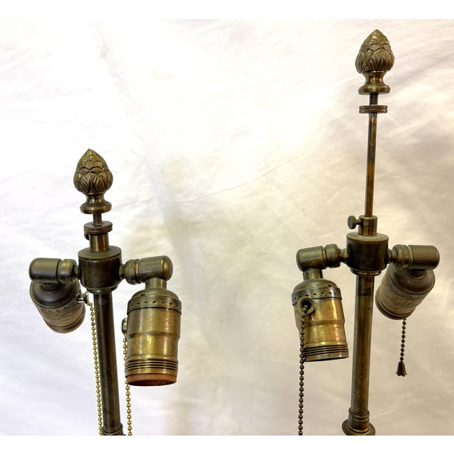 Antique French Art Nouveau Embossed Brass Candlestick Lamps- A Pair For Sale - Image 11 of 18