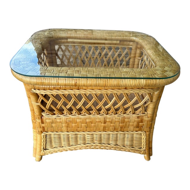 Vintage Woven Rattan Glass Top End Table For Sale