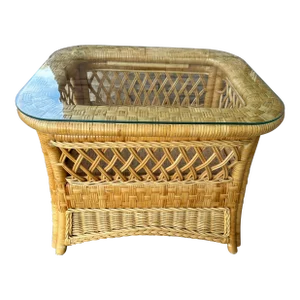 Vintage Woven Rattan Glass Top End Table
