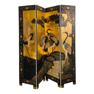 Japanese Gold Washed Four Panel Room Divider Coromandel Screen With Five Cranes For Sale