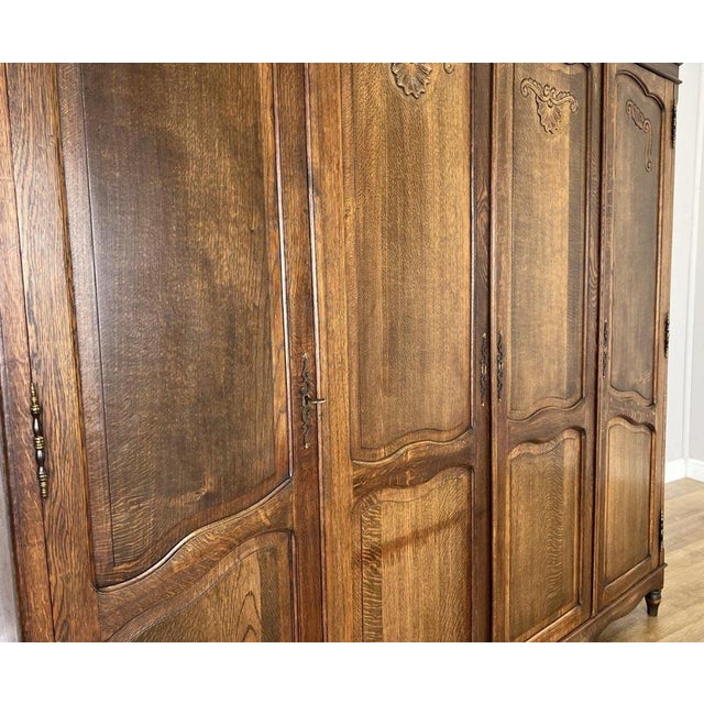 Brown Vintage French Louis XVI Style Carved Oak 4-Door Wardrobe For Sale - Image 8 of 18