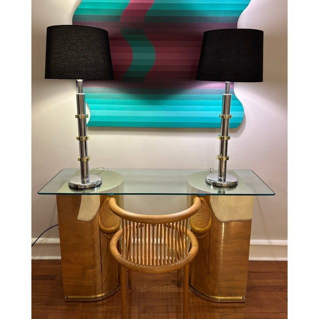 1970s Pair of Chrome and Brass Table Lamps With Black Shades For Sale - Image 4 of 5