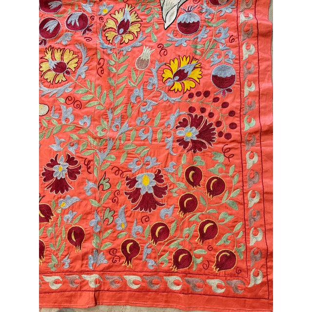 Red Coral Silk Suzani Wall Hanging With White Peacocks For Sale - Image 8 of 10