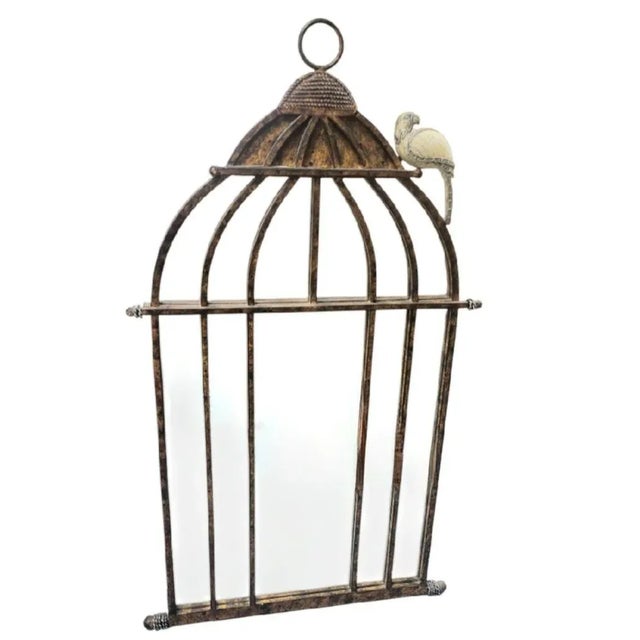 Metal Vintage Iron Bird Cage Parrot Antique Brown Heavy wall.mirror by Horchow For Sale - Image 7 of 9