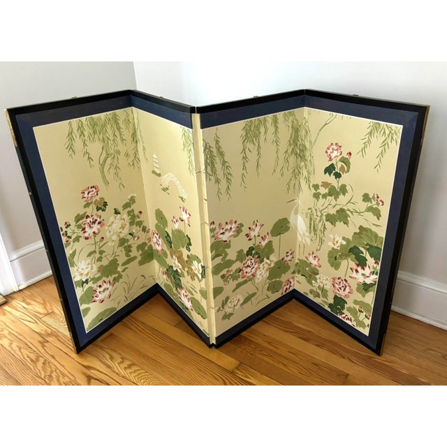 Antique Japanese Byobu Four-Panel “Lotus and Heron” Folding Screen For Sale - Image 6 of 12