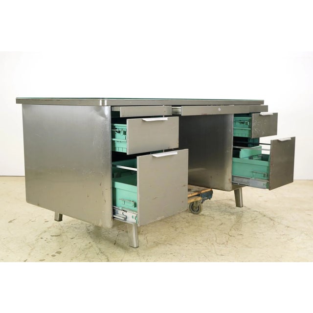 Late 20th Century Vintage Industrial Steel Office Desk With Glass Top For Sale - Image 5 of 12