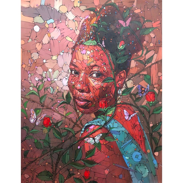 Bed of Roses by Ifeoluwa Alade | Acrylic on canvas Portrait of a woman surrounded by roses. For Sale
