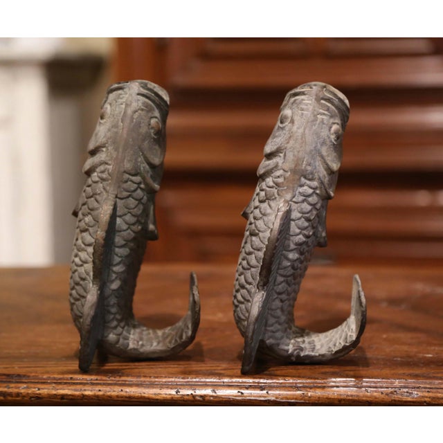 French Pair of 19th Century French Carved Verdigris Patinated Bronze Fish-Form Vases For Sale - Image 3 of 10