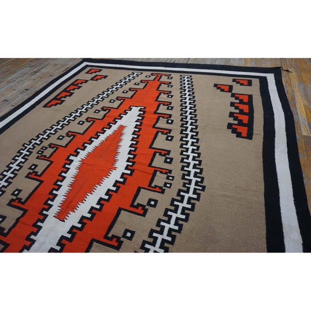 Camel 1940s Tribal Geometric Antique Native American Room Size Navajo Flatwoven Rug For Sale - Image 8 of 10