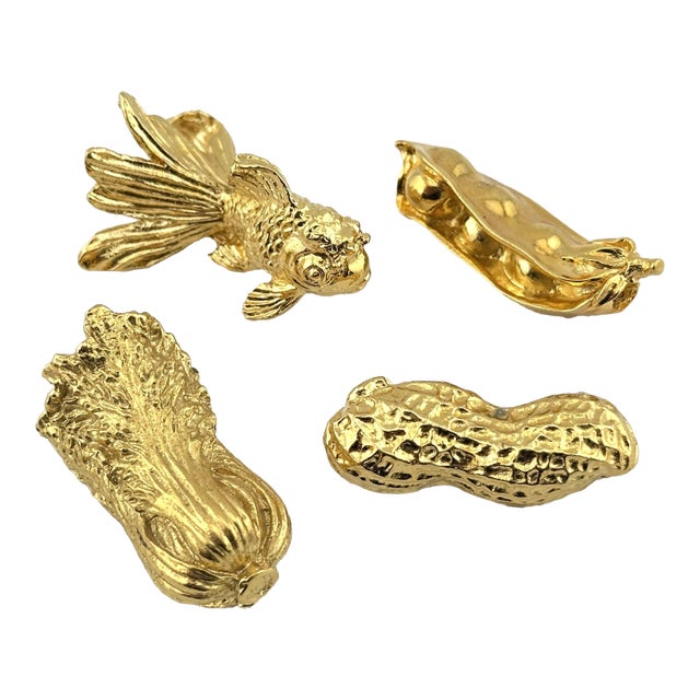 1990s Set of 4 Royal Selangor Chopstick Rests – Figural Fish, Peanut, Wheat & Peapod For Sale